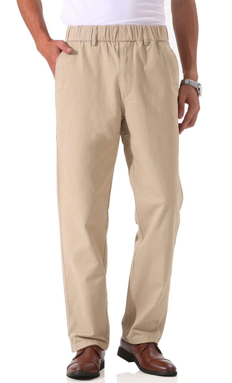 Soojun Men's Cotton Relaxed Fit Full Elastic Waist Twill Pants, Khaki, 36W x 32L - Image 3